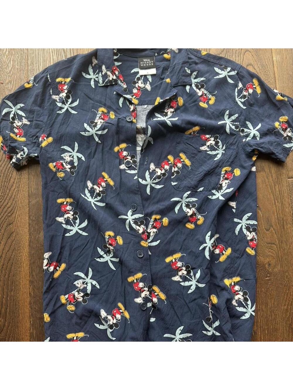 Disney Mickey Mouse tropical button-up shirt.